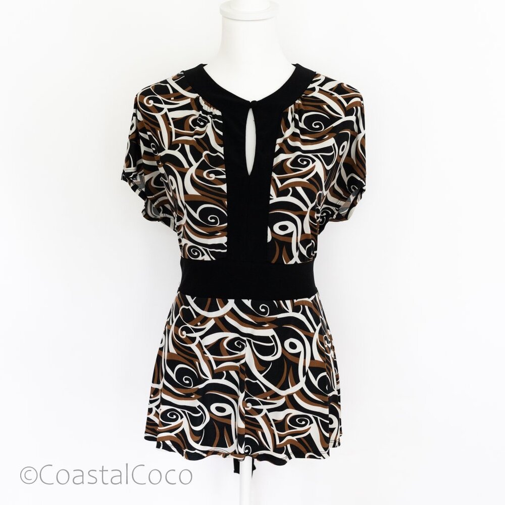 Women Babydoll Top 12 Brown Black Swirls Stretch Y2K 2000s Vintage Office Retro